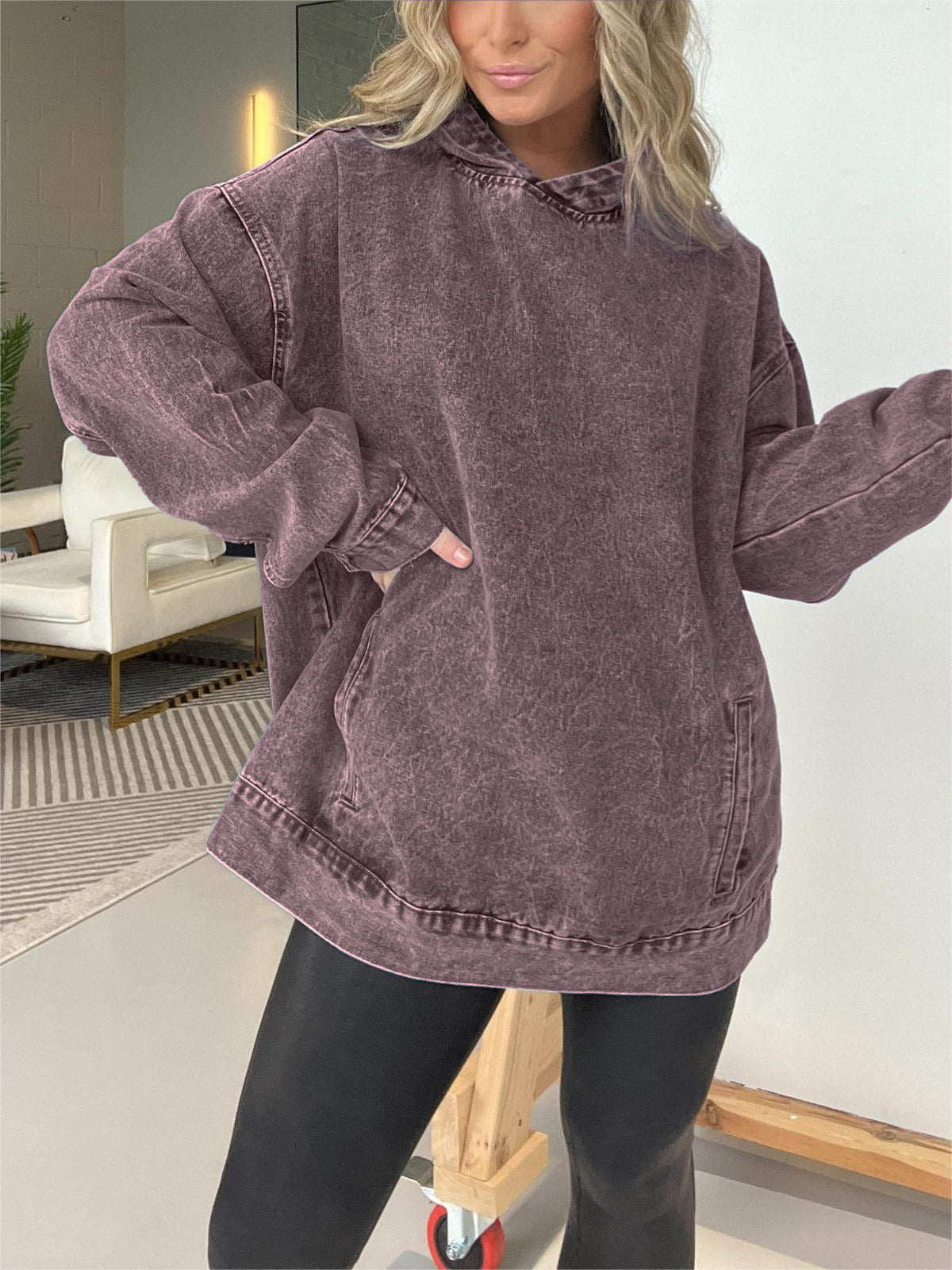 Denim Hooded Sweatshirt with Front Pockets (Buy 2 Get Free Shipping)