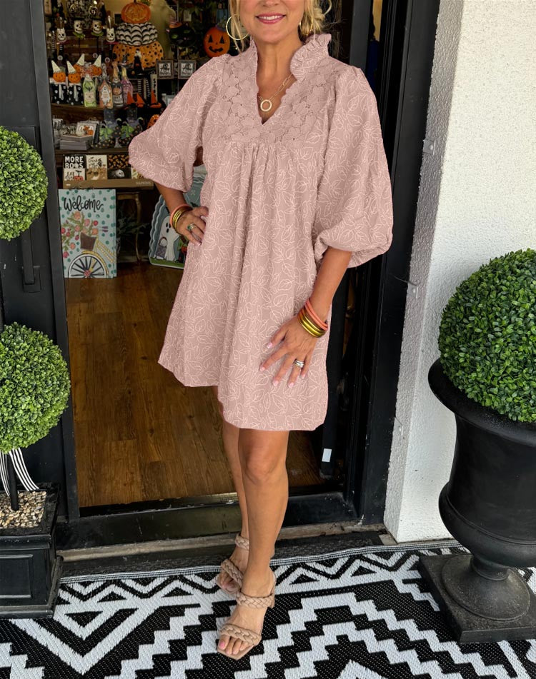 Women's Puff Sleeve Leaf Jacquard Mini Dress (Buy 2, Get Free Shipping)