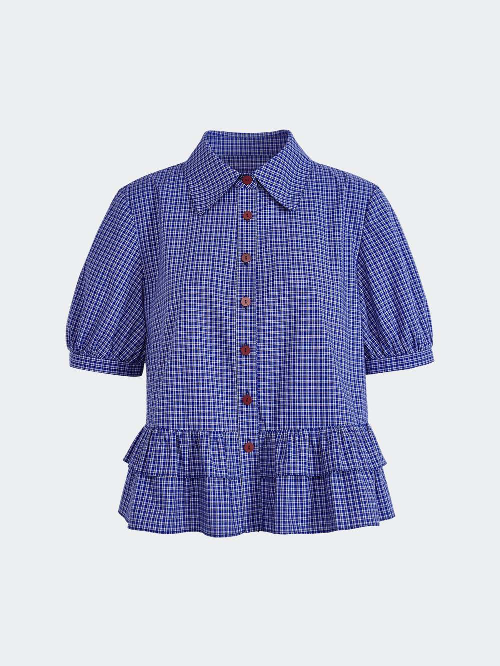 Blue Plaid Ruffle Blouse