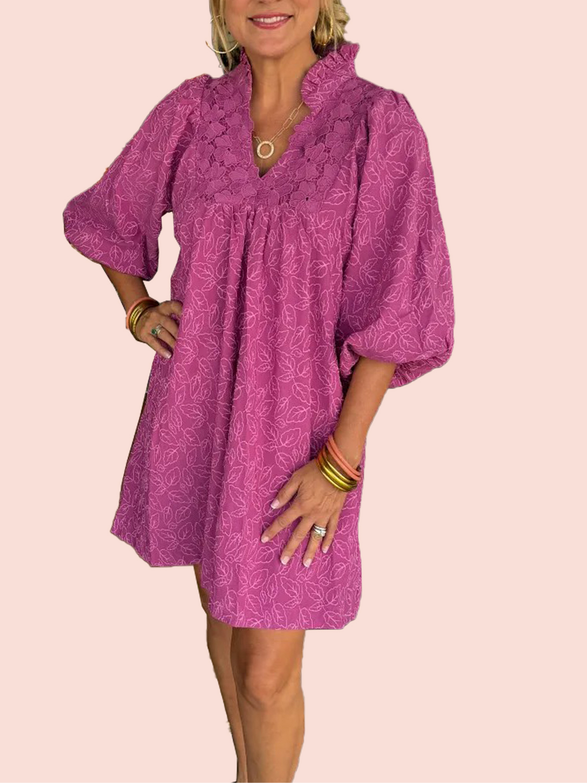 Women's Puff Sleeve Leaf Jacquard Mini Dress (Buy 2, Get Free Shipping)