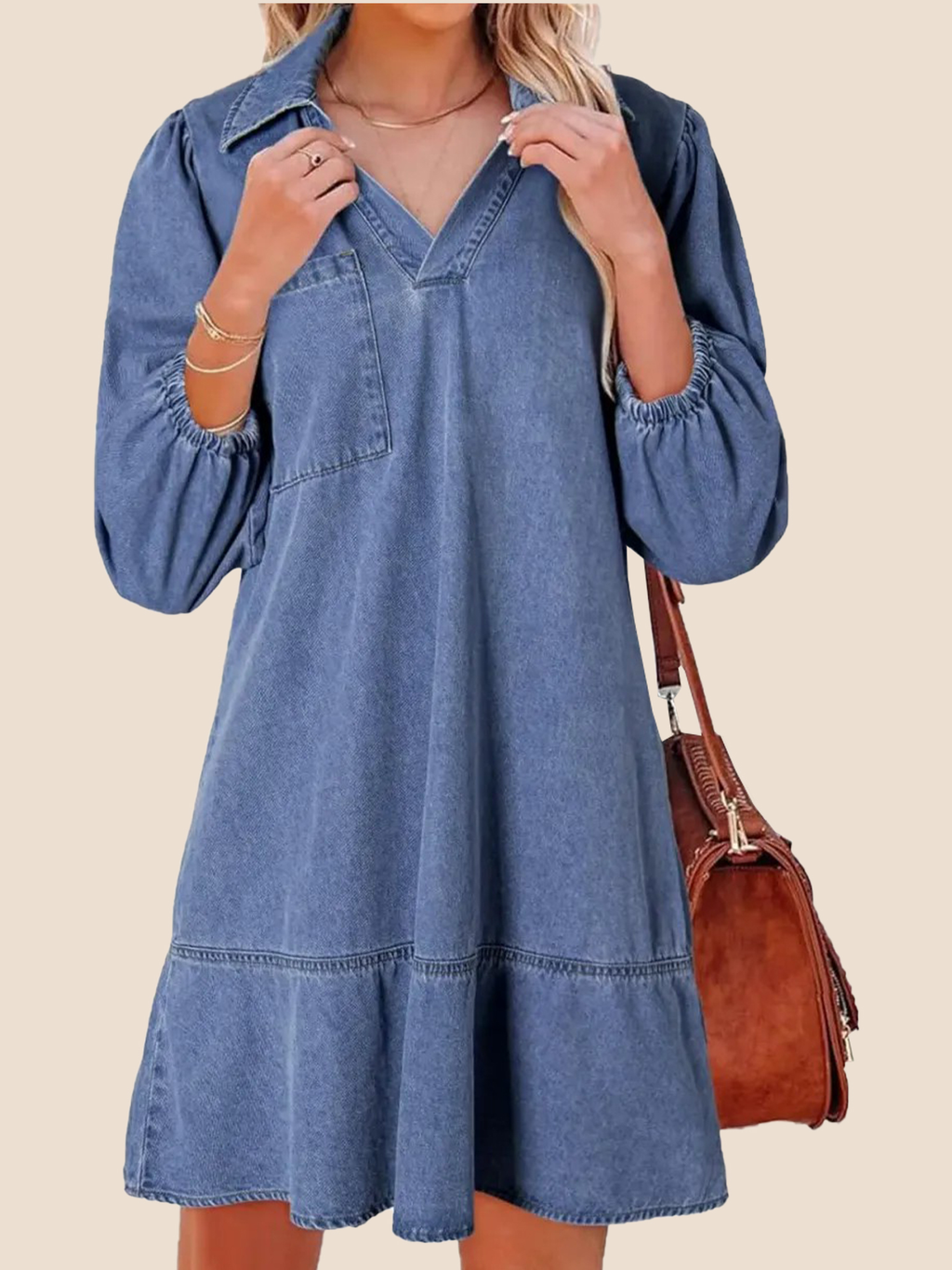 Women's V-Neck Puff Sleeve Denim Layered Dress (Buy 2, Free Shipping)