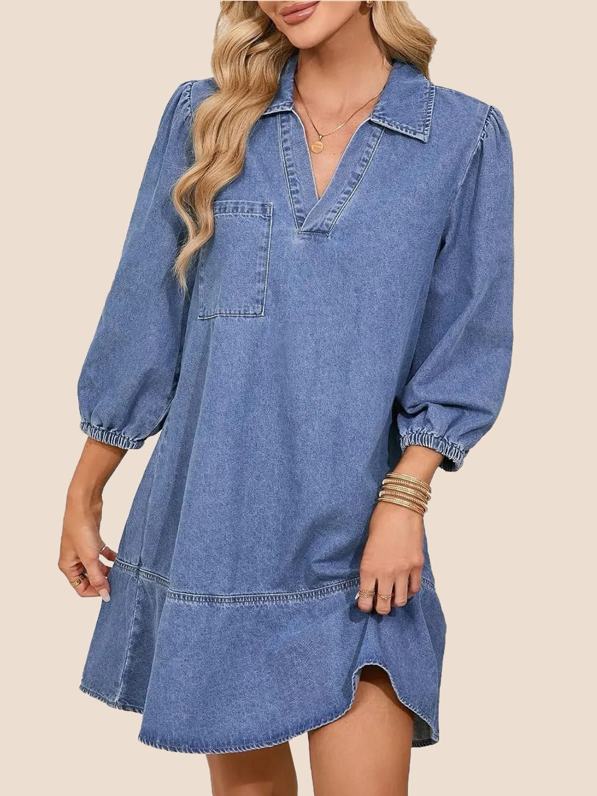 Women's V-Neck Puff Sleeve Denim Layered Dress (Buy 2, Free Shipping)