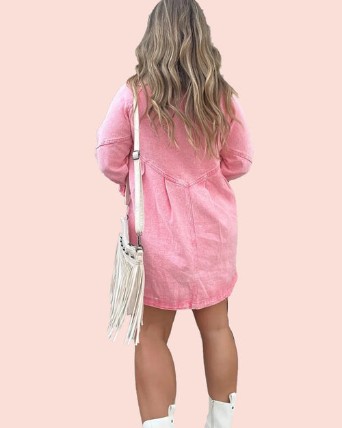 Button Denim Bubble Sleeve Dress (Buy 2 Free Shipping)