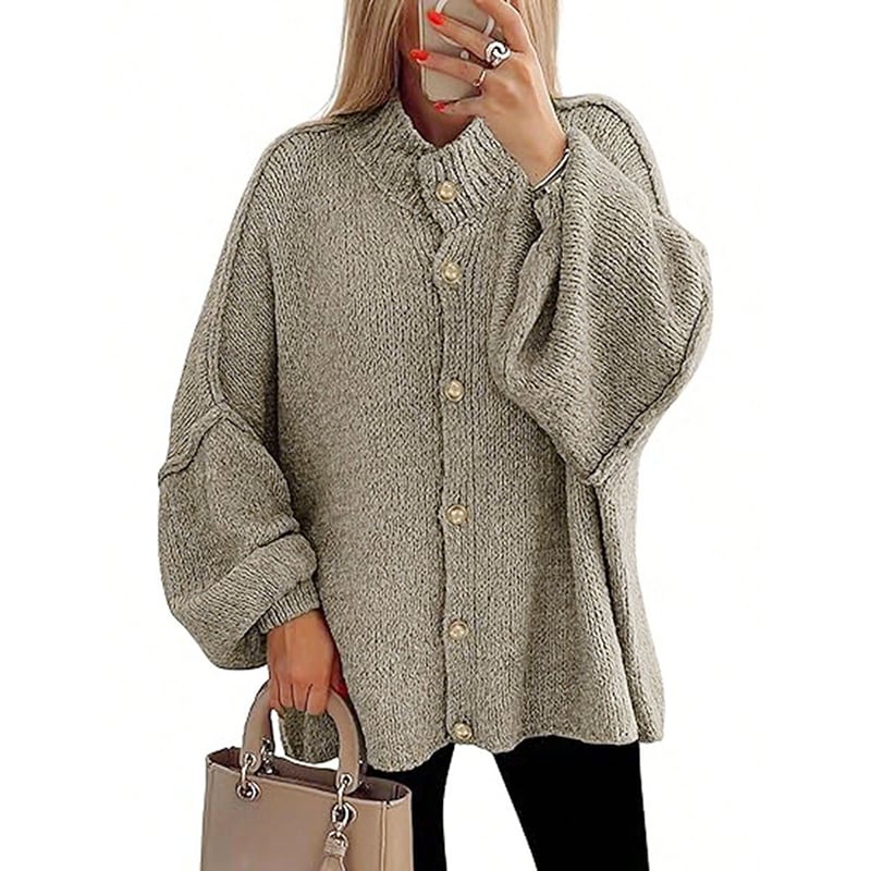 Women's Winter Button Down Cardigan Sweater, Mock Neck, Lantern Long Sleeve, Chunky Knit Jacket, Trendy Outerwear