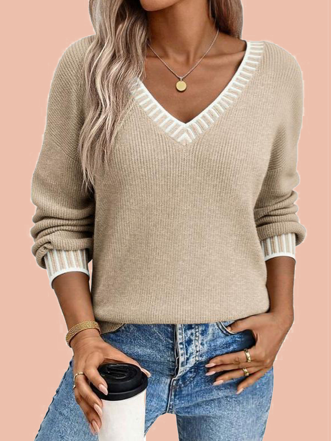 Women's V-Neck Long Sleeve Pullover Sweater (Free Shipping on Orders of 2 or More)