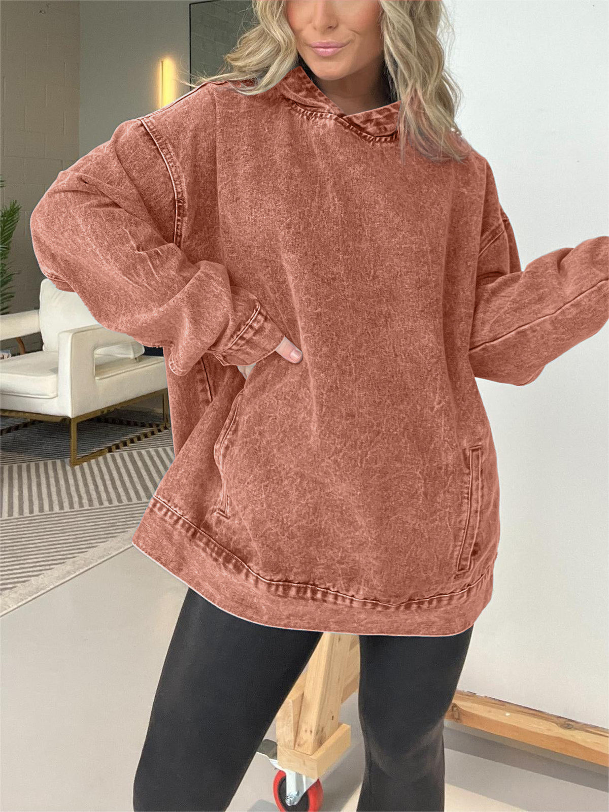 Denim Hooded Sweatshirt with Front Pockets (Buy 2 Get Free Shipping)