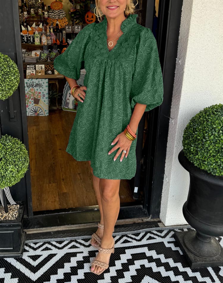 Women's Puff Sleeve Leaf Jacquard Mini Dress (Buy 2, Get Free Shipping)