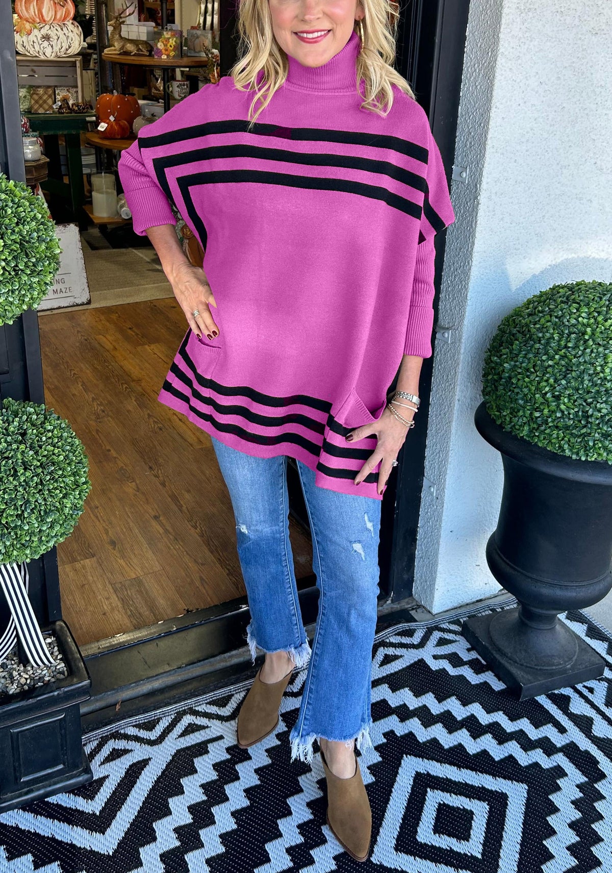 Women's High Neck Batwing Sleeve Striped Sweater (Buy 2 Get Free Shipping)