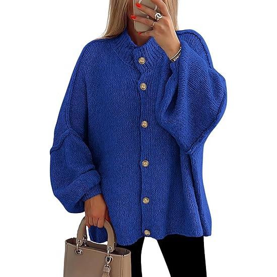 Women's Winter Button Down Cardigan Sweater, Mock Neck, Lantern Long Sleeve, Chunky Knit Jacket, Trendy Outerwear