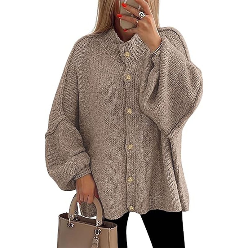 Women's Winter Button Down Cardigan Sweater, Mock Neck, Lantern Long Sleeve, Chunky Knit Jacket, Trendy Outerwear