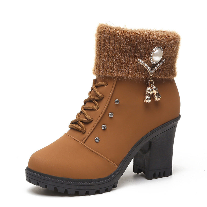 Bootara Women's Glam Knit-Cuff Boots - Rhinestone Decor Side Zip Block Heel Dress Boots (US 5-9.5)