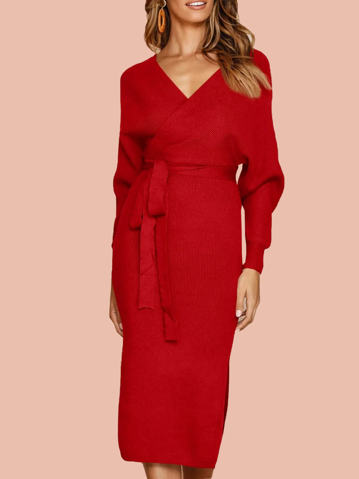 Women's Wrap V-Neck Slit Sweater Dresses (Buy 2, Get Free Shipping)