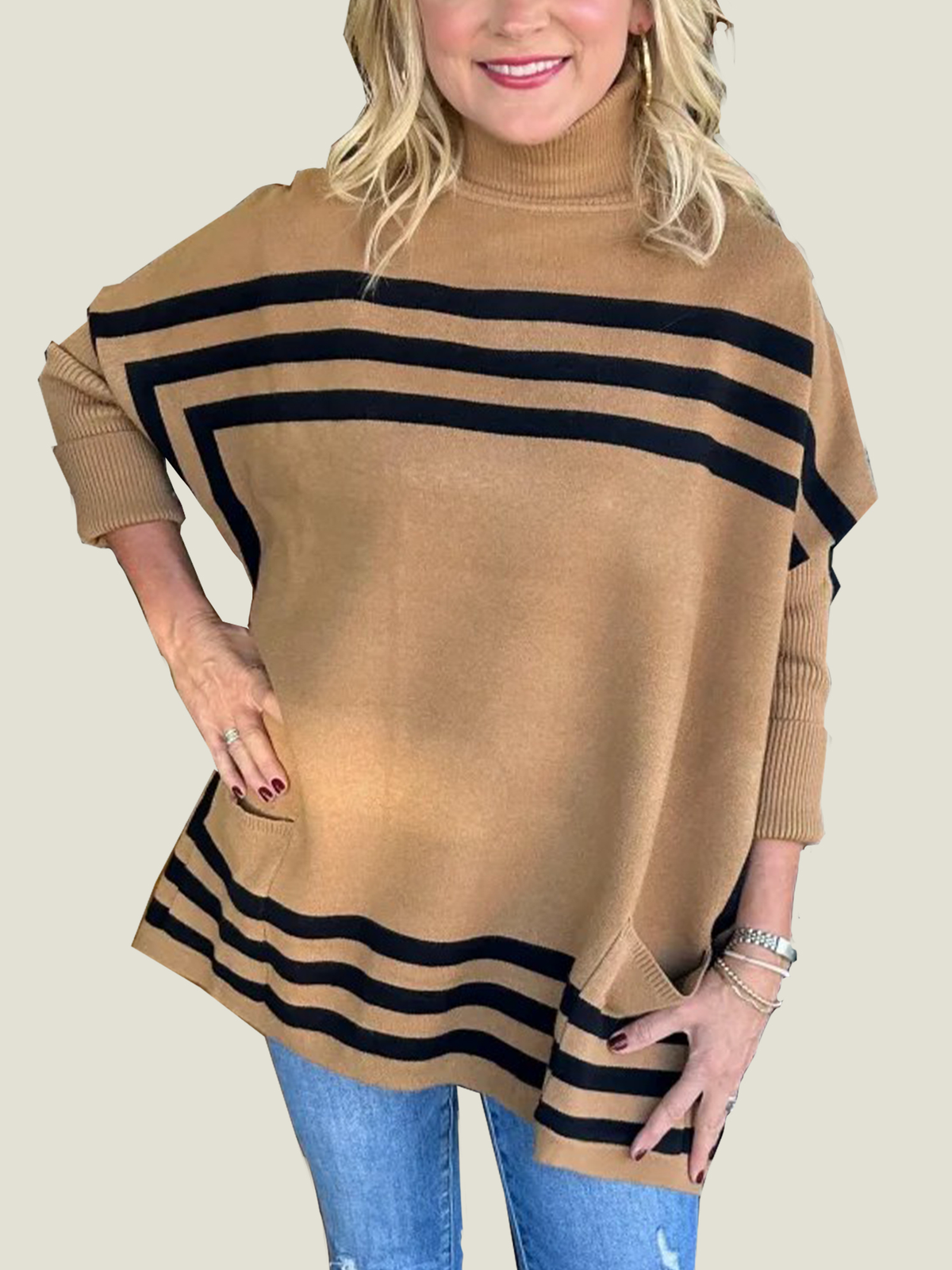 Women's High Neck Batwing Sleeve Striped Sweater (Buy 2 Get Free Shipping)