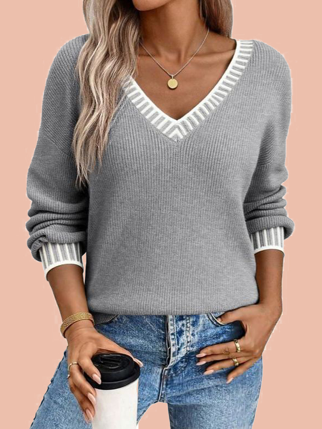 Women's V-Neck Long Sleeve Pullover Sweater (Free Shipping on Orders of 2 or More)