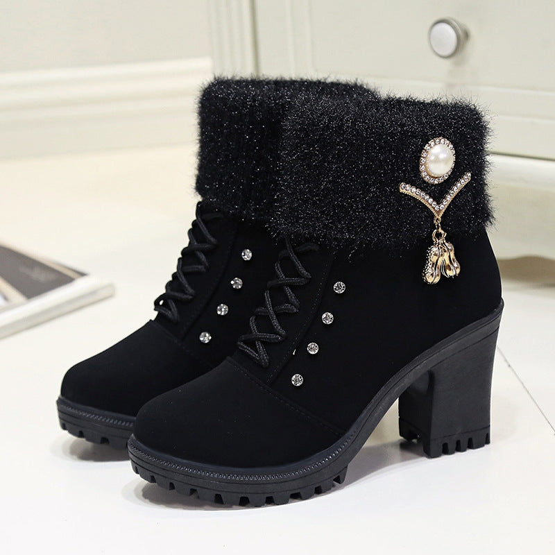 Bootara Women's Glam Knit-Cuff Boots - Rhinestone Decor Side Zip Block Heel Dress Boots (US 5-9.5)