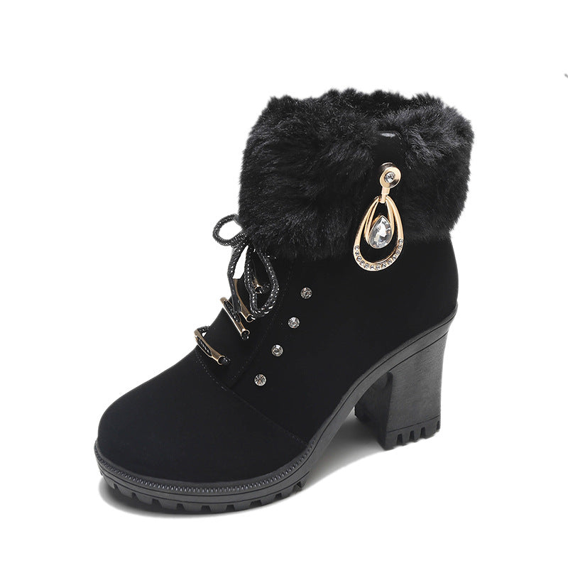 Bootara Women's Glam Knit-Cuff Boots - Rhinestone Decor Side Zip Block Heel Dress Boots (US 5-9.5)