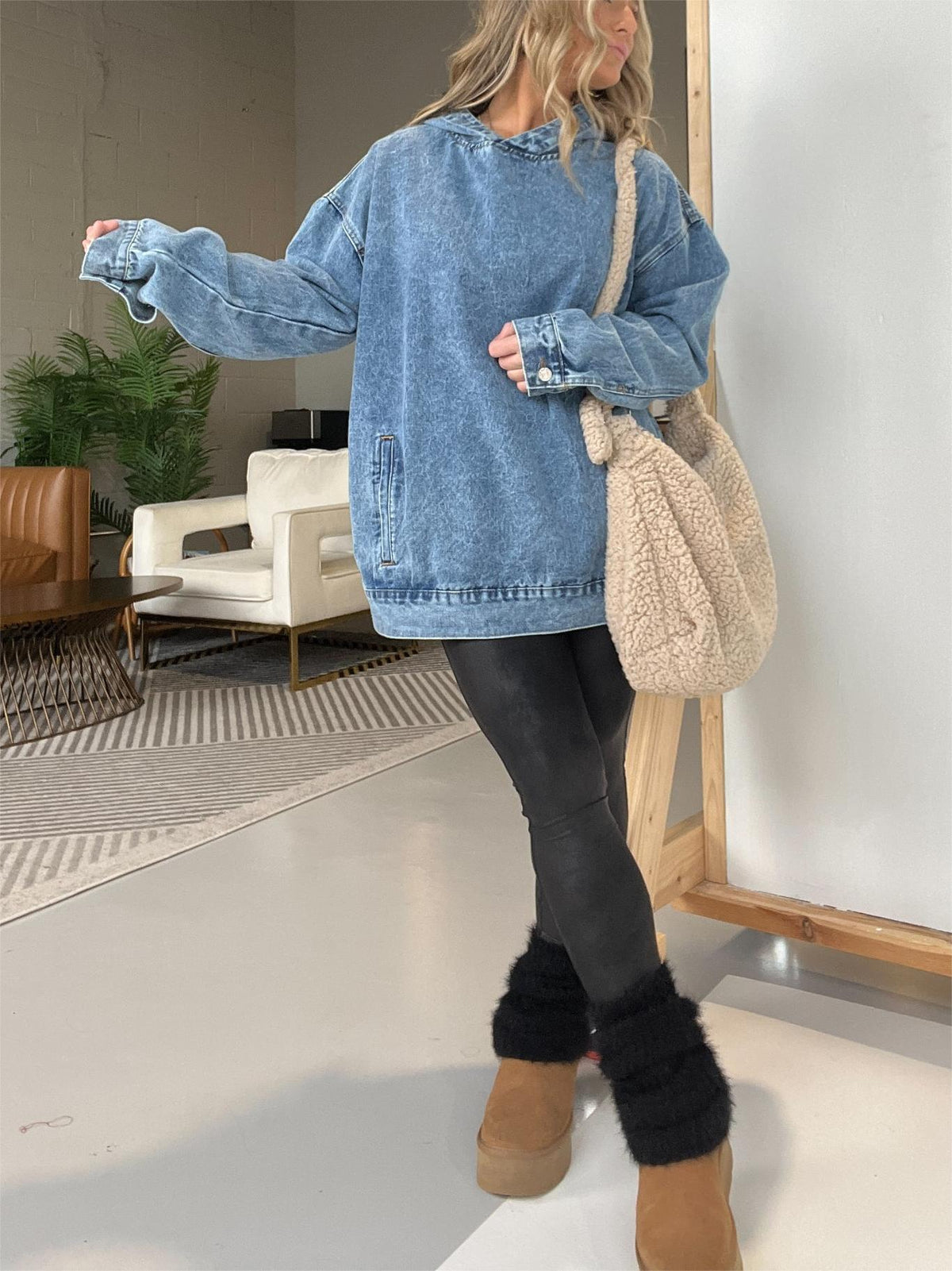 Denim Hooded Sweatshirt with Front Pockets (Buy 2 Get Free Shipping)