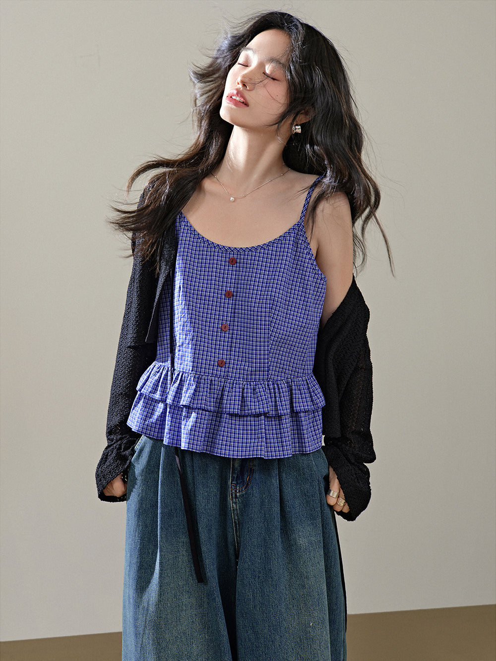 Blue Plaid Ruffle Blouse