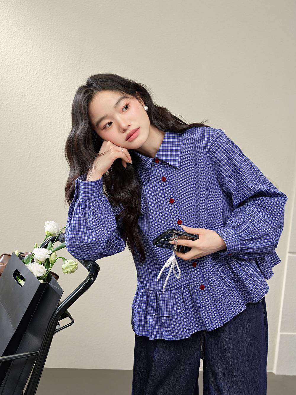 Blue Plaid Ruffle Blouse