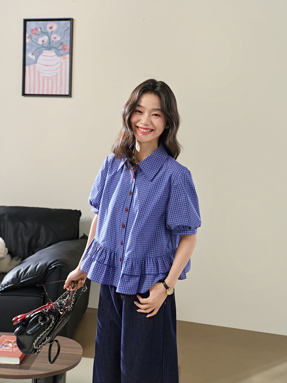 Blue Plaid Ruffle Blouse