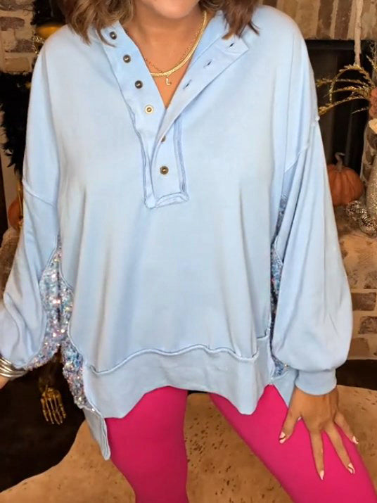 Women's Sequin Colorblock Henley Sweatshirt (Buy 2 Get Free Shipping)