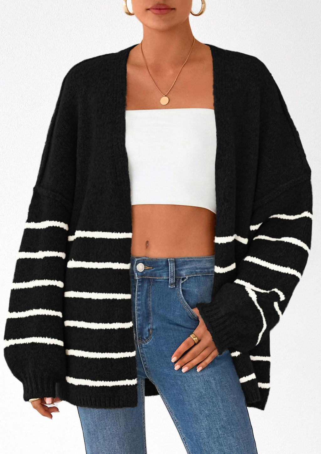 Women's Oversized Balloon Sleeve Striped Cardigan (Free Shipping on Orders of 2+)