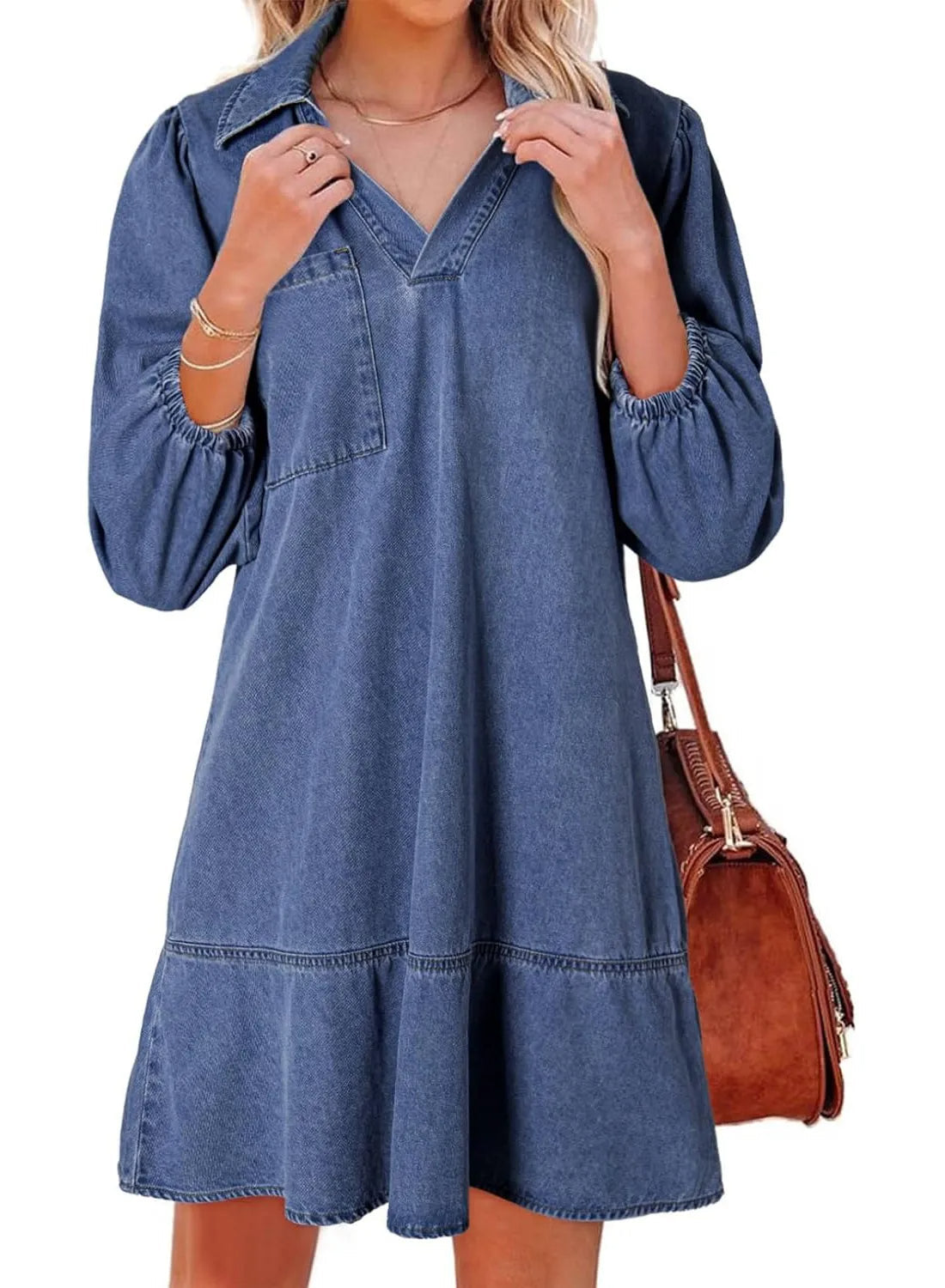 Women's V-Neck Puff Sleeve Denim Layered Dress (Buy 2, Free Shipping)