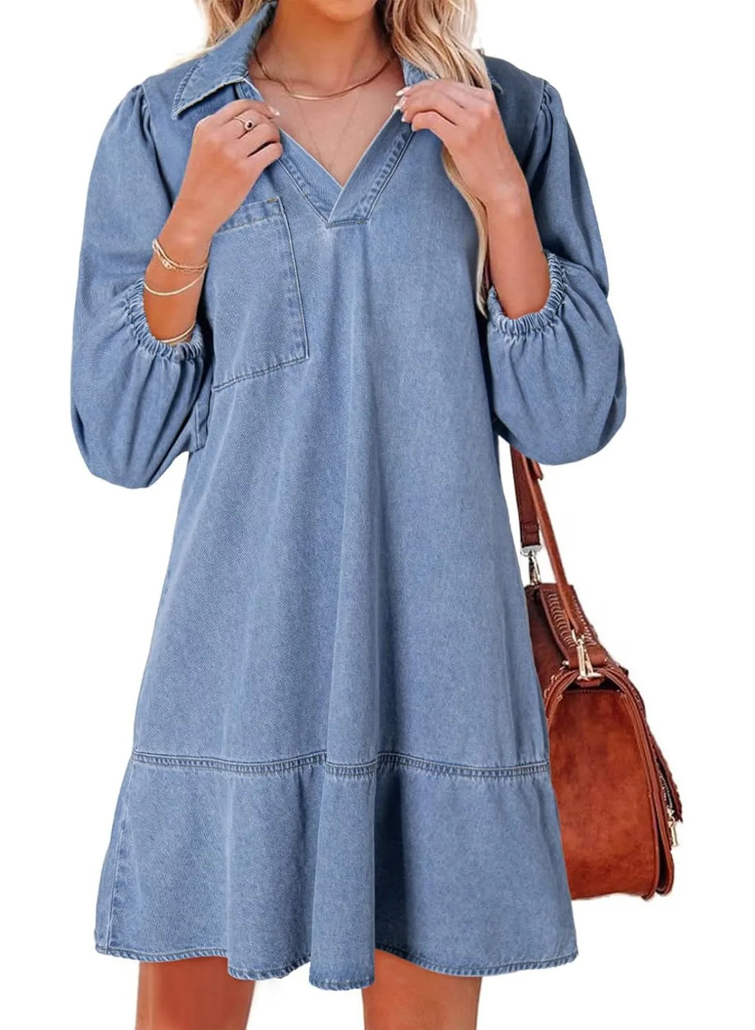 Women's V-Neck Puff Sleeve Denim Layered Dress (Buy 2, Free Shipping)