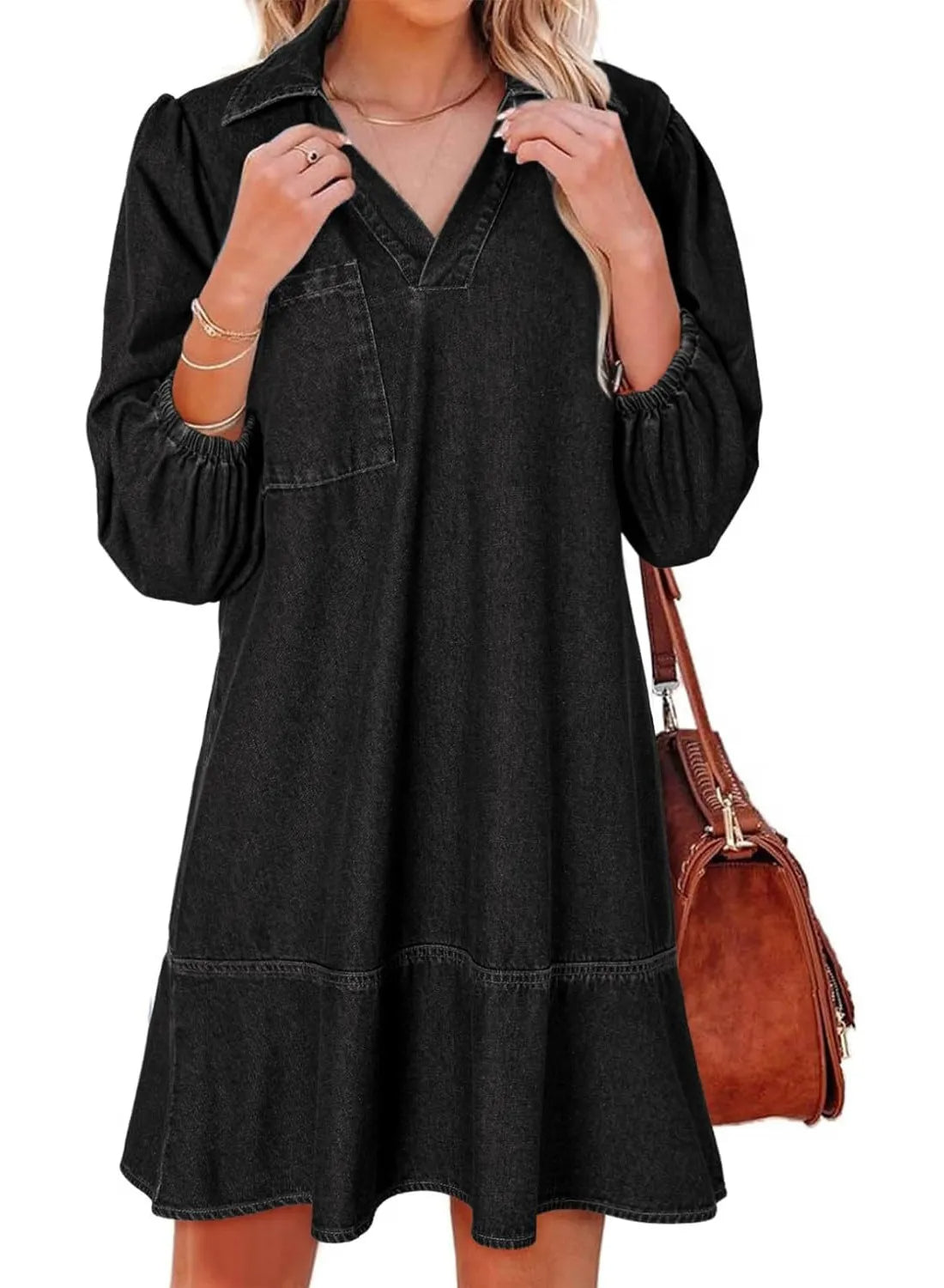 Women's V-Neck Puff Sleeve Denim Layered Dress (Buy 2, Free Shipping)