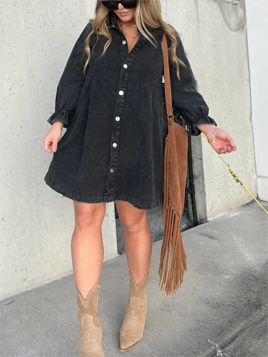 Women's Washed Denim Puff Sleeve Dress (Buy 2, Get Free Shipping)