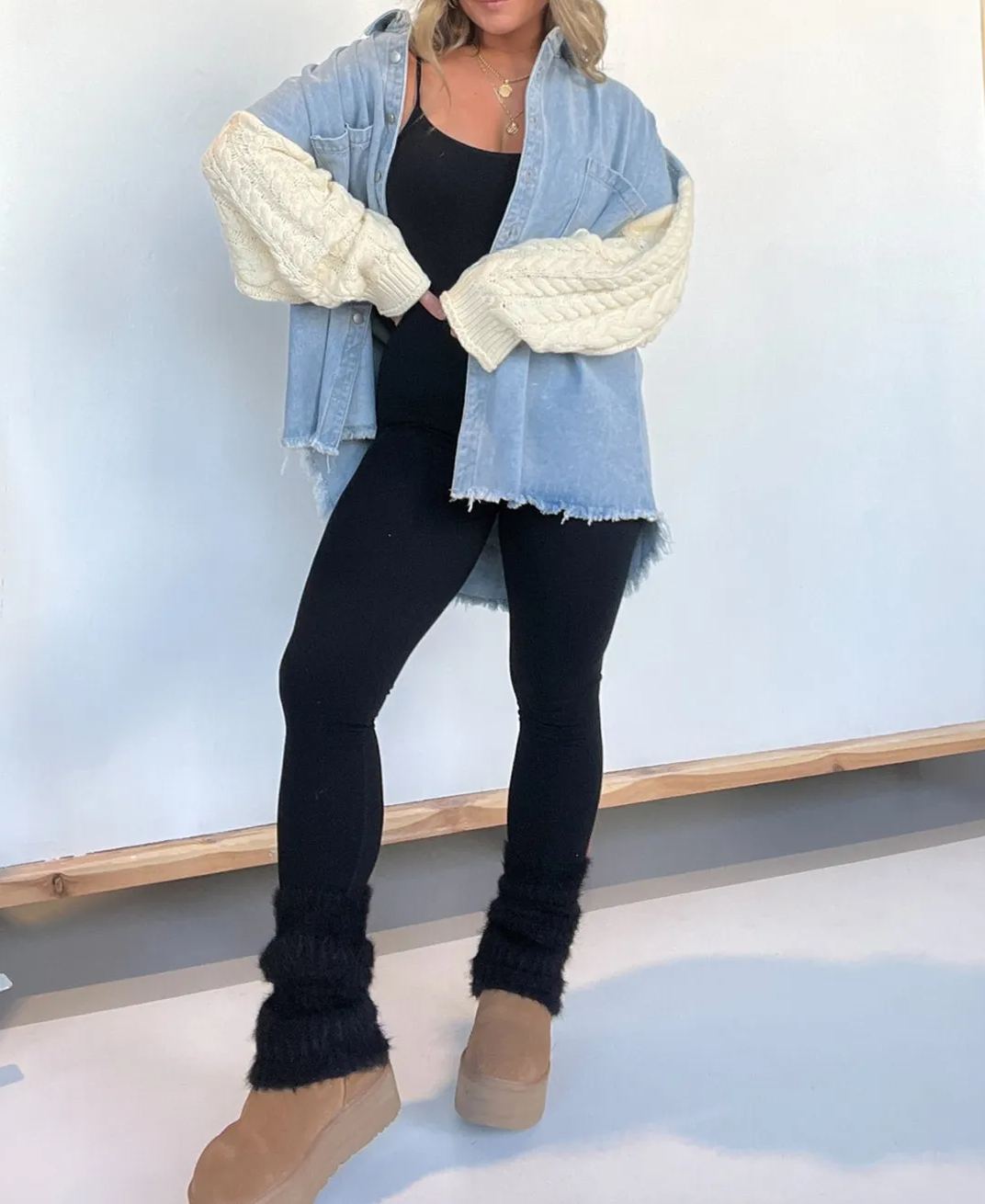 Cozy Sweater Sleeve Denim Shacket (Buy 2, Get Free Shipping)