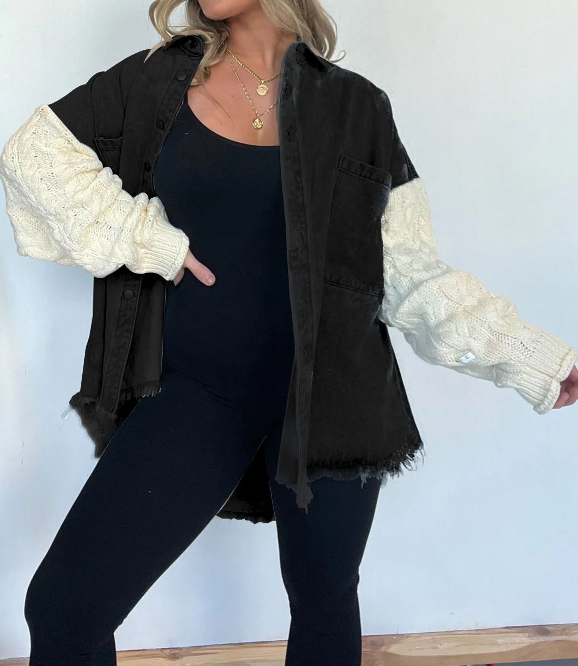 Cozy Sweater Sleeve Denim Shacket (Buy 2, Get Free Shipping)